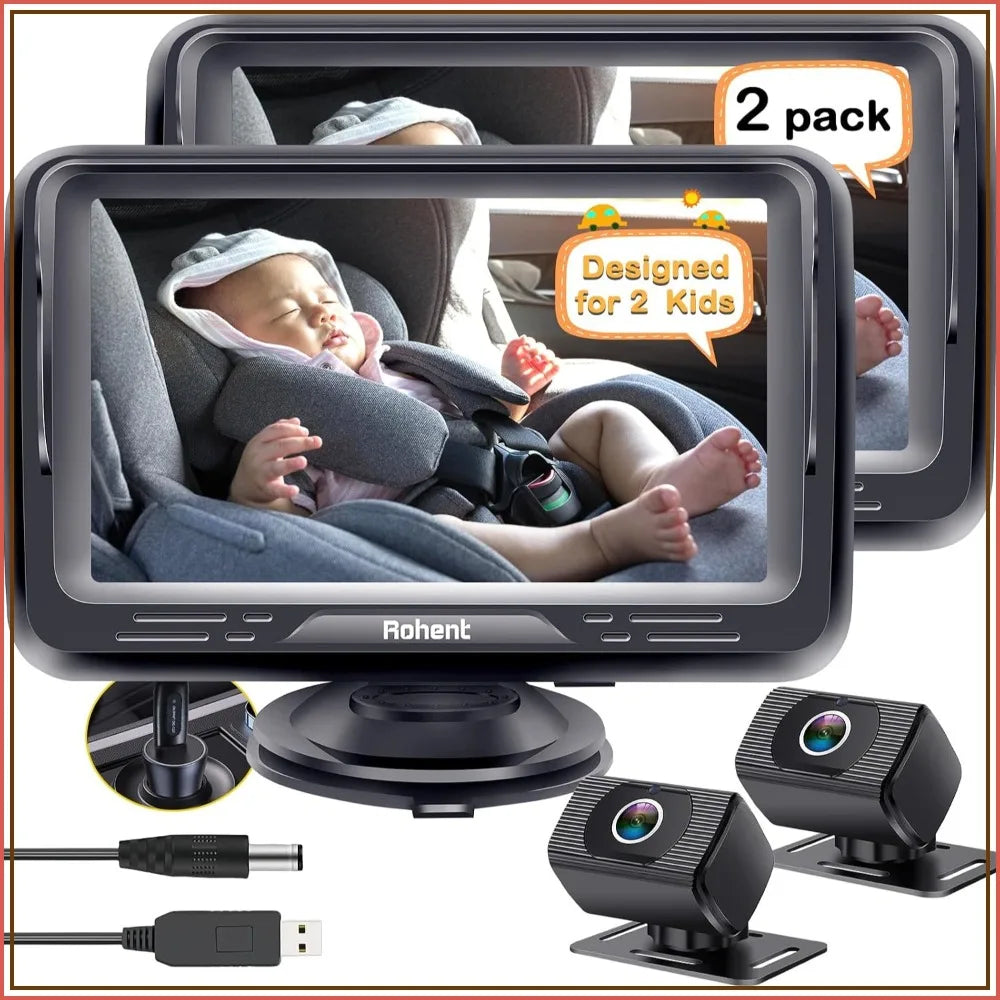 2 Pack Baby Car Camera System - Dual 1080P Monitors with Night Vision, Wide Angle, Easy Install for Two Vehicles