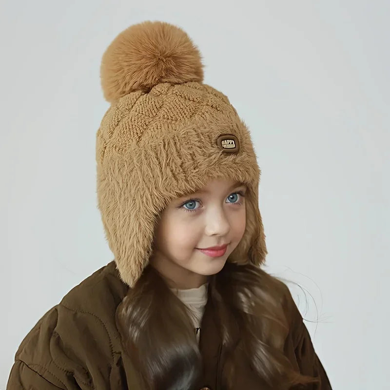 Unisex Kids Winter Windproof Beanie with Ear Flaps - Pastel Pink Warm Hat for Skiing & Snowboarding