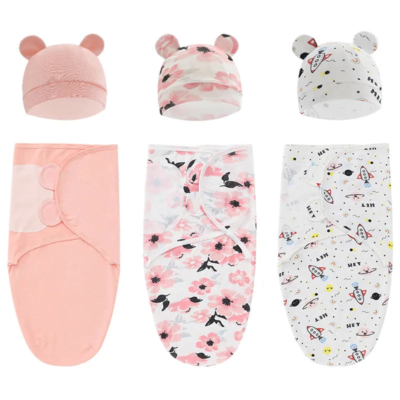 Newborn 0-6M Cartoon Printed Cotton Swaddle Set - Adjustable All-Season Baby Blanket & Hat