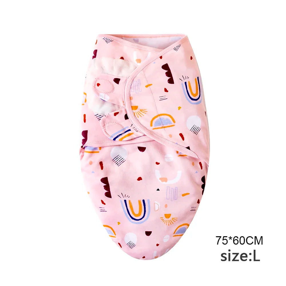 Newborn 0-6M Cartoon Printed Cotton Swaddle Set - Adjustable All-Season Baby Blanket & Hat