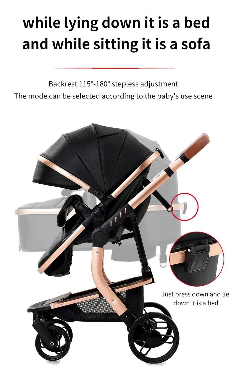 PU Leather Baby Stroller 2 in 1 Newborns Travel System Carriage Luxury Compact Baby Cars Pram without Car Seat Watertight Buggy