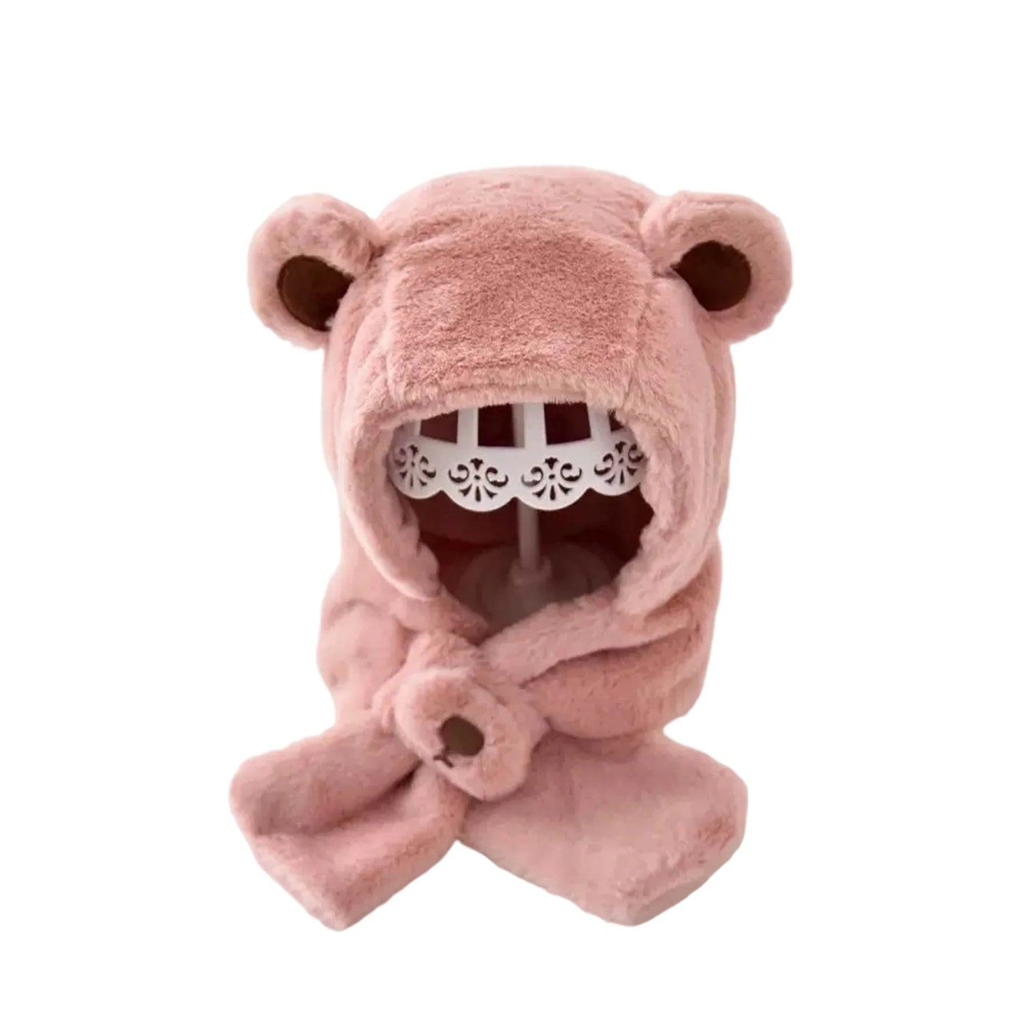 Kids Children Winter Warm Plush Animal Hooded Scarf Hat Gloves Set Cute Bear Earflap Beanie Mitten Present Gift