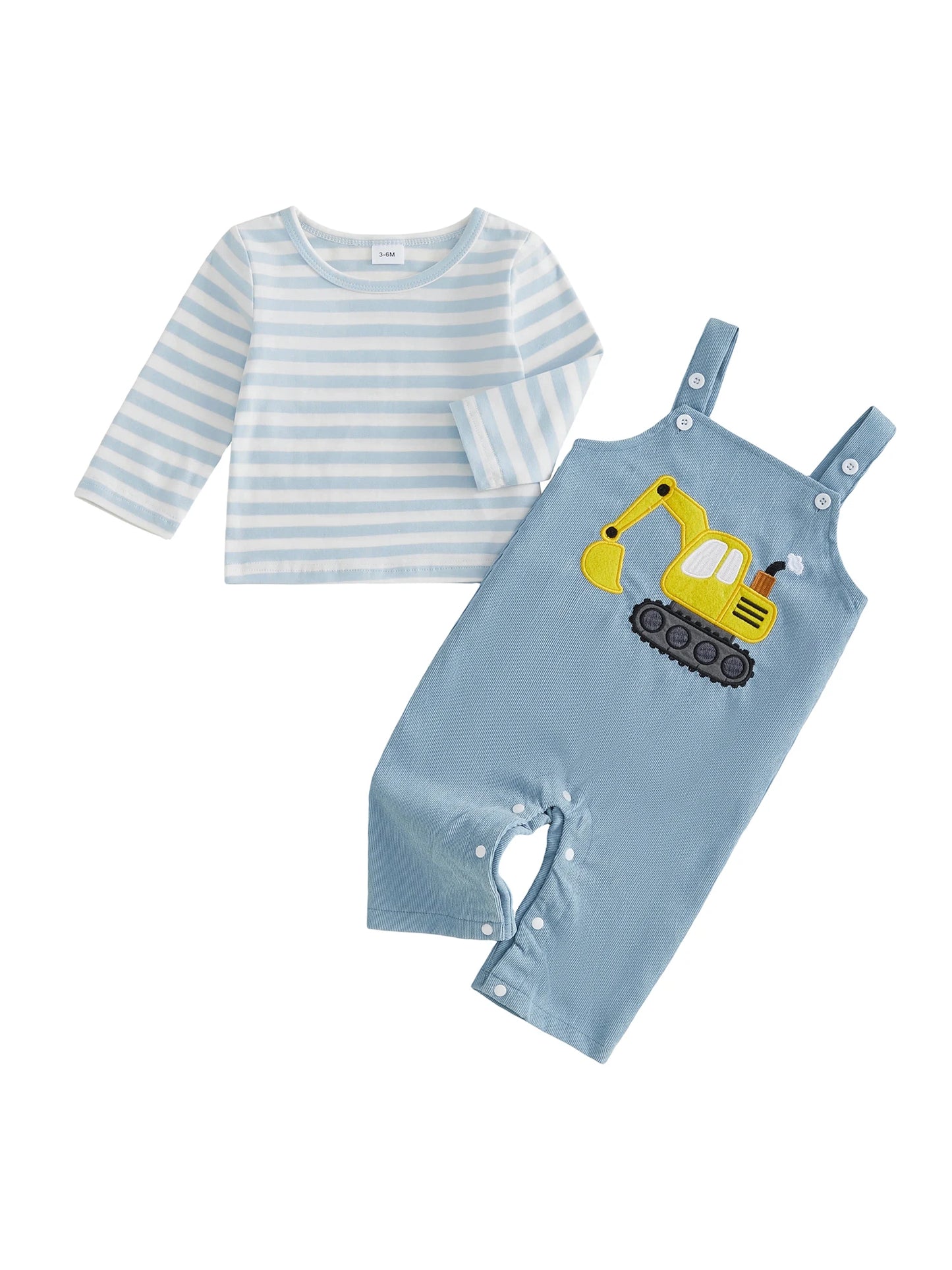 Toddler Boys Autumn Clothes Striped Crew Neck Shirt and Dino Print Overalls Set for Fall Season Fashion 2 Piece Outfit