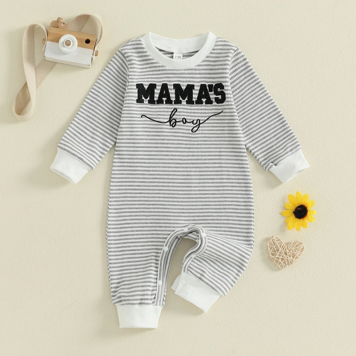 Lioraitiin Baby Boys Fall Romper Letter Embroidery Long Sleeve Round Neck Full Length Waffled Stripe Jumpsuit