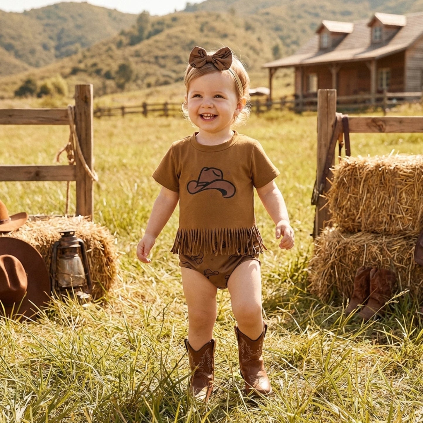 Baby Girl 3Pcs Summer Outfits Short Sleeve Tassel Tops + Shorts + Headband Set Infant Western Clothes 3M-24M
