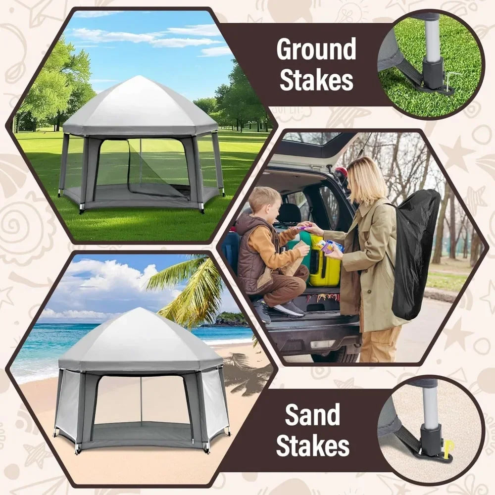 Baby Playpen with Self-Inflating Play Mat & Travel Bag, Portable Outdoor Playpen for Babies and Toddlers, Foldable Pop Up Play T