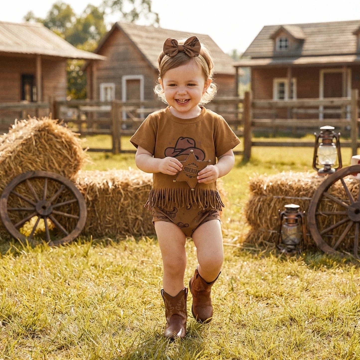 Baby Girl 3Pcs Summer Outfits Short Sleeve Tassel Tops + Shorts + Headband Set Infant Western Clothes 3M-24M