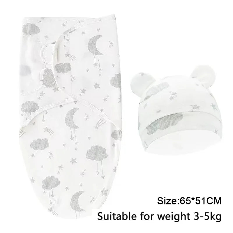 Newborn 0-6M Cartoon Printed Cotton Swaddle Set - Adjustable All-Season Baby Blanket & Hat