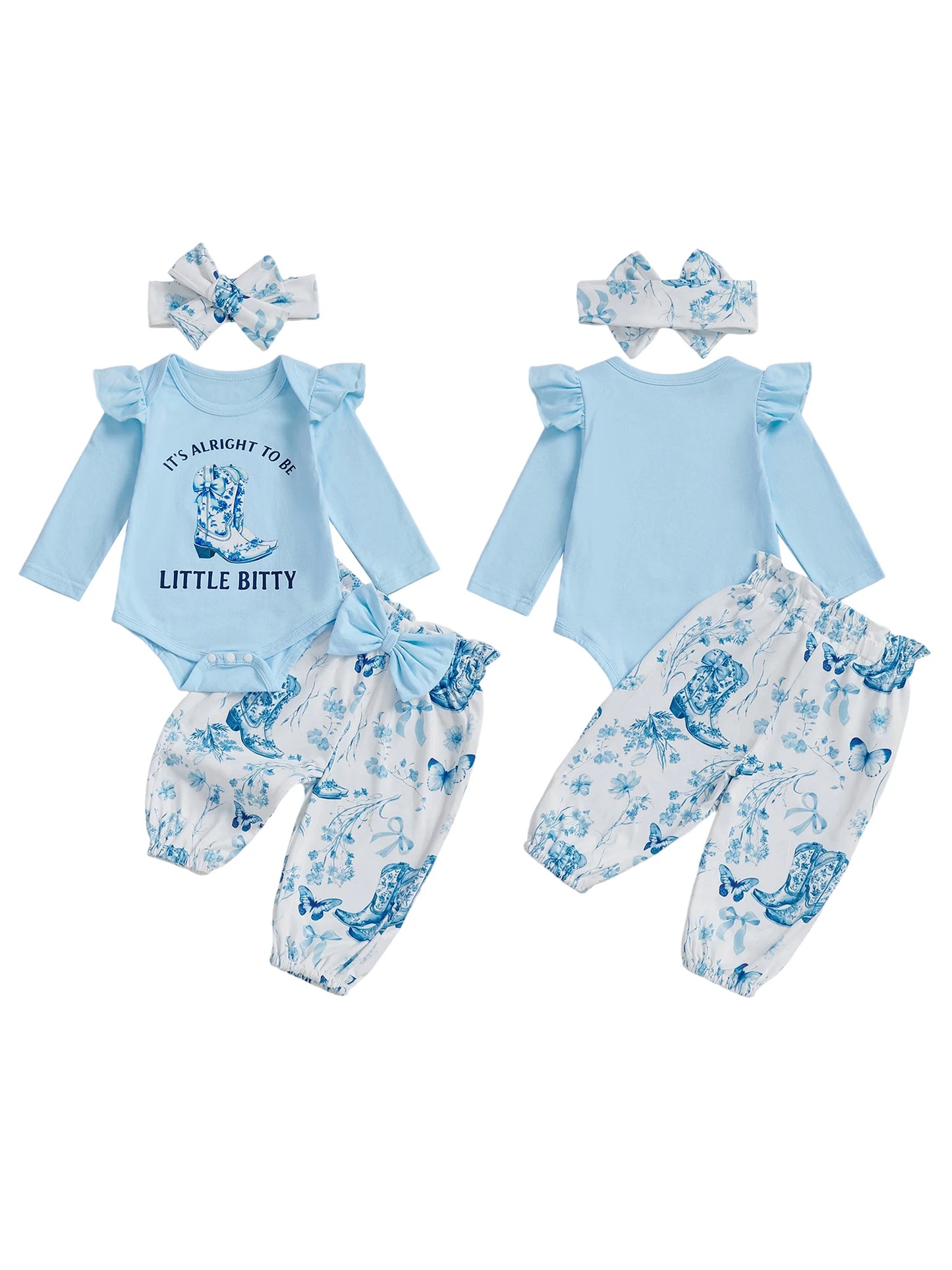 Baby Girl Western Outfits Letter Long Sleeve Round Neck Romper Floral Pants Headband 3 Pcs Set