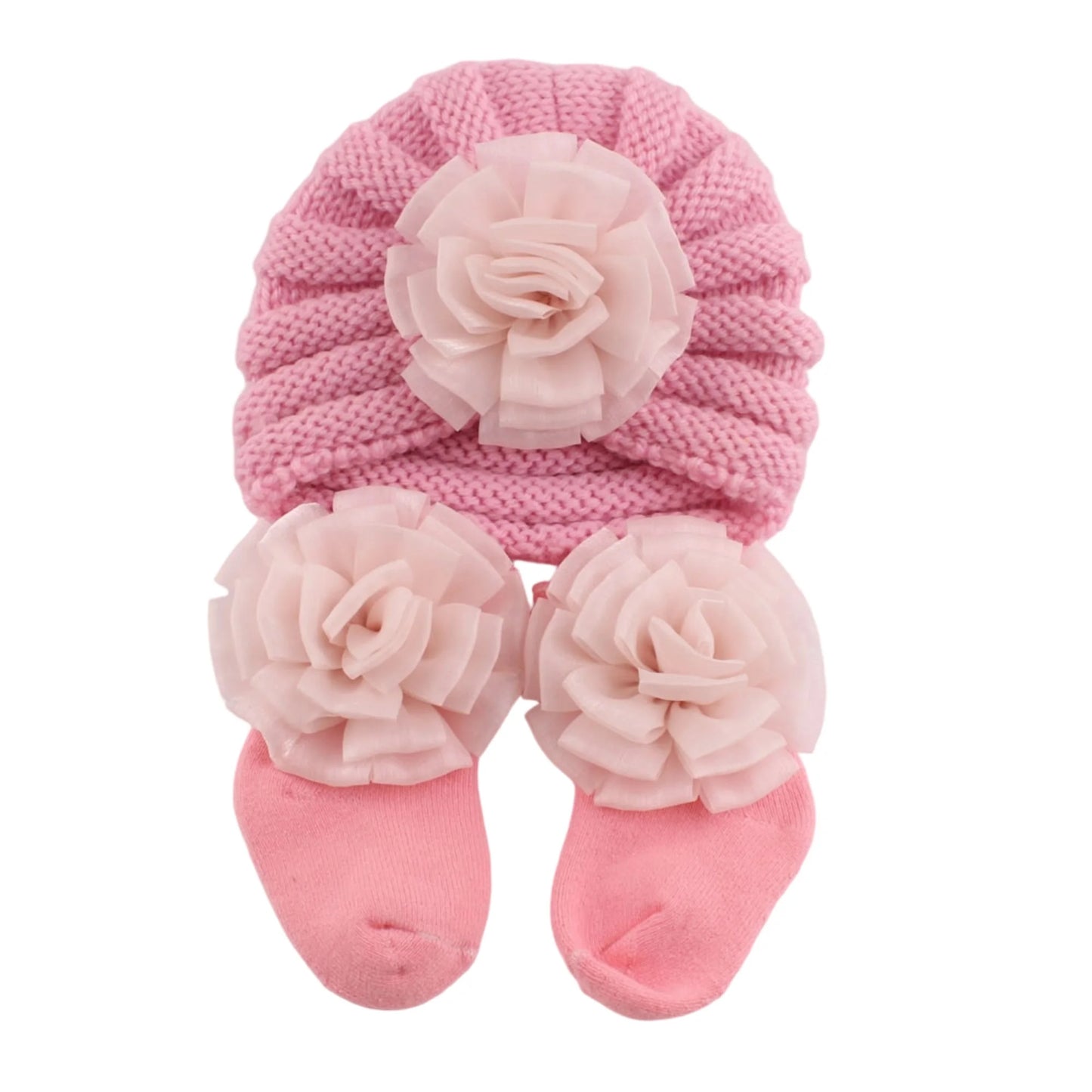 Adorable Baby Girl Knitted Hat and Socks Set with Delicate Floral Embroidery - Cozy Infant Winter Beanies and Booties