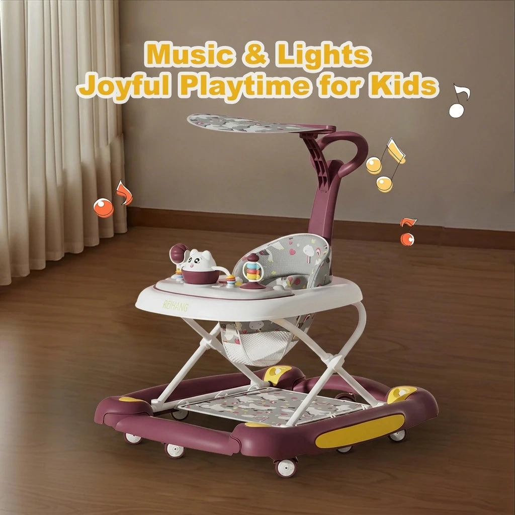 Multi-Functional Baby Walker with Awning Anti-Rollover Adjustable Sitting Shaking Design Comfort Toddler Walker for Boys Girls