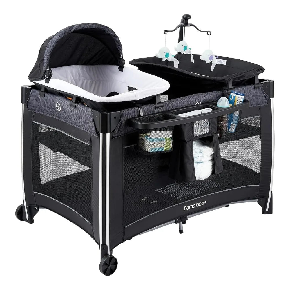 Free Delivery - 4 in 1 Baby Playards with Bassinet & Changing Table, Portable Crib Breathable Mesh and Toy Mobile