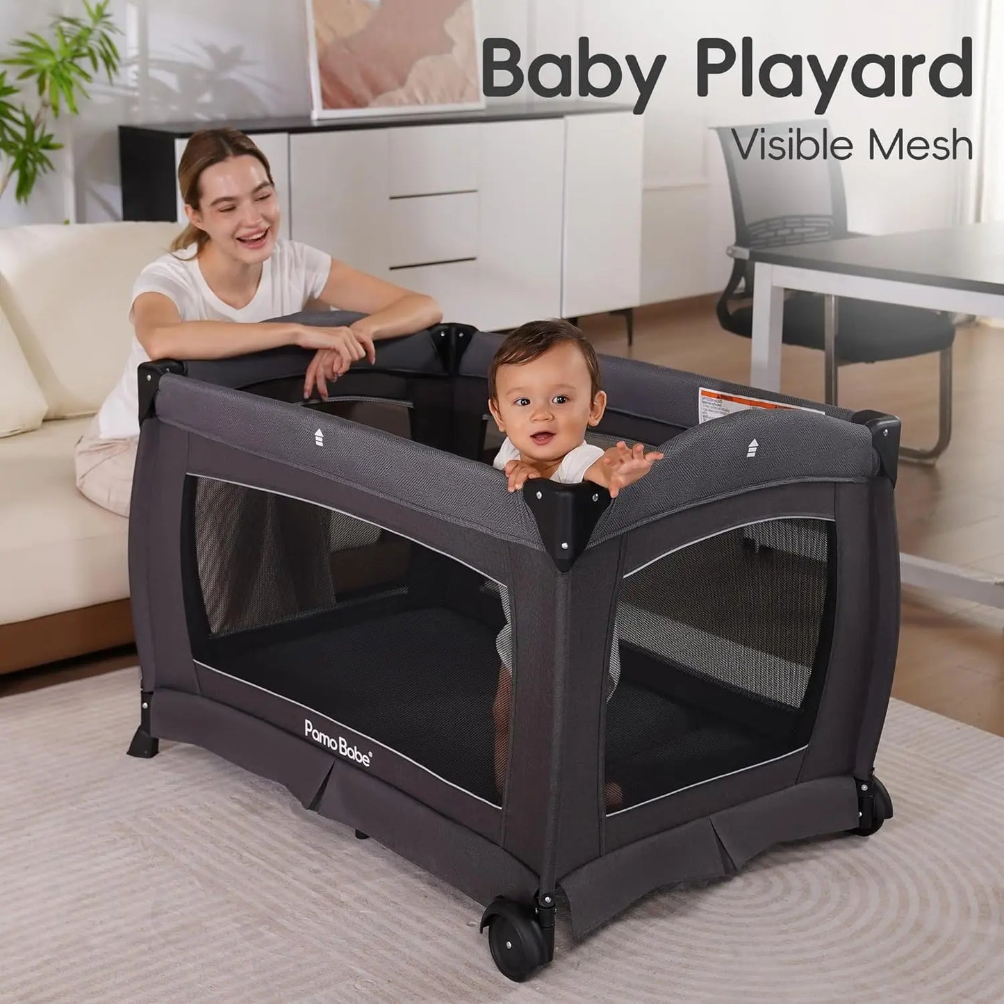 Pamo Babe Pack and Play with Bassinet Baby Playpen Foldable Playard with Changing Table Portable 4 in 1 Baby Playard