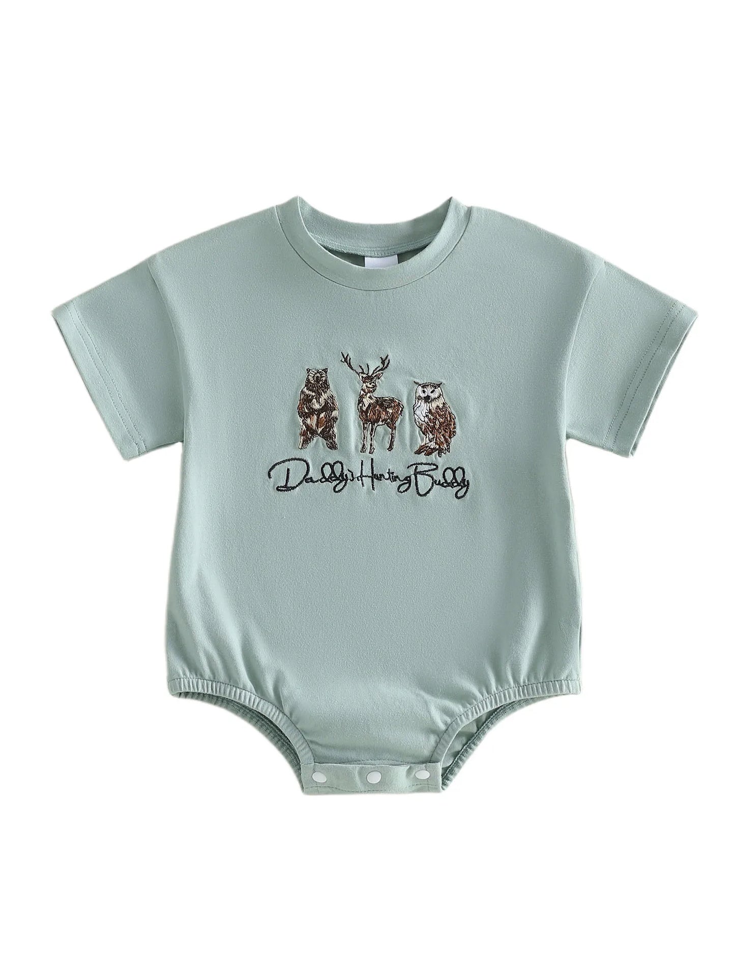 Adorable Toddler Boy s Stylish Romper with Cute Animal Patchwork and Trendy Letter Embroidery Short Sleeve Round Neck