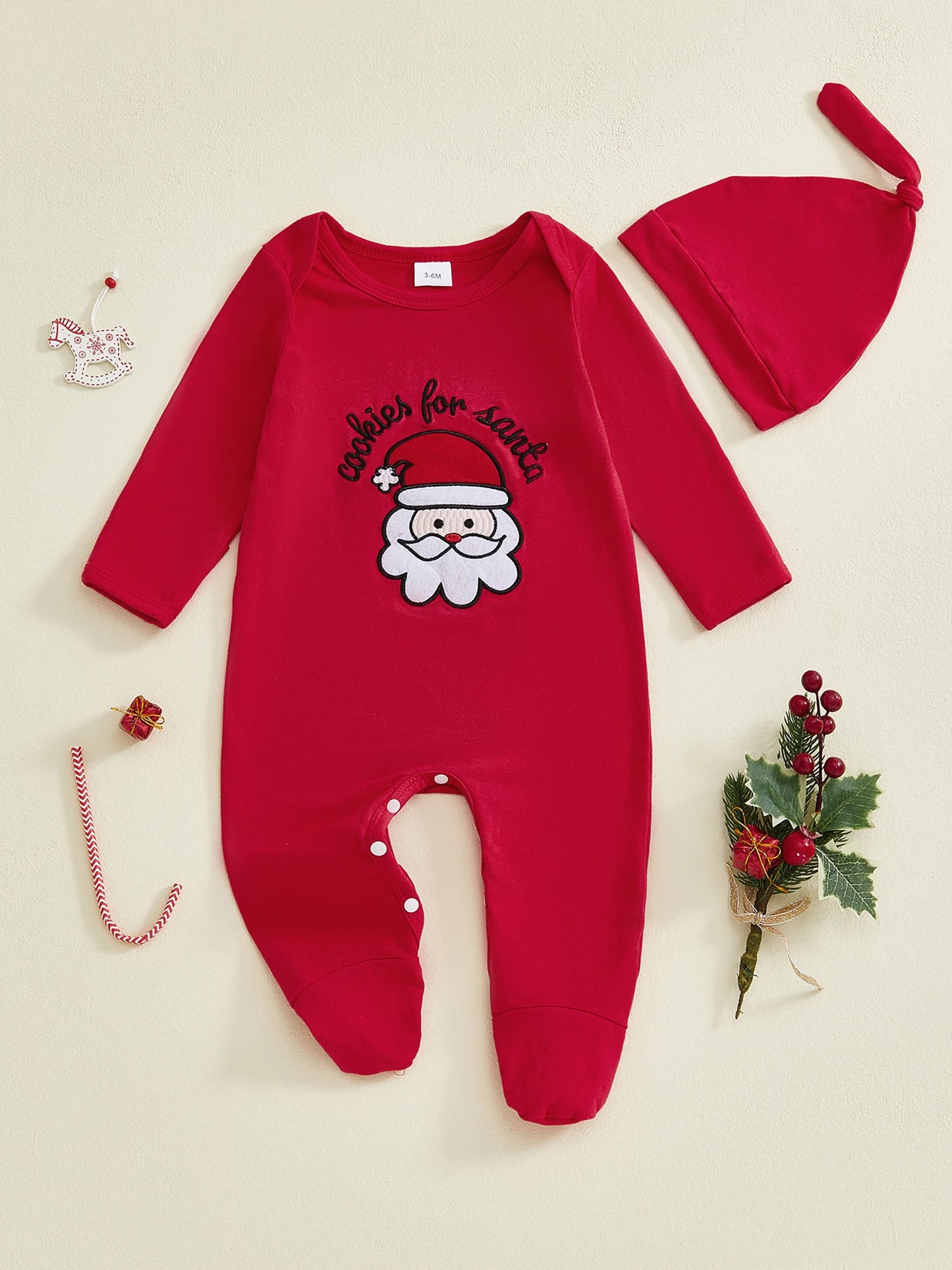 Christmas Baby Boy 2 Piece Outfits Cute Long Sleeve Round Neck Santa Claus Letter Embroidery Jumpsuit and Hat Set