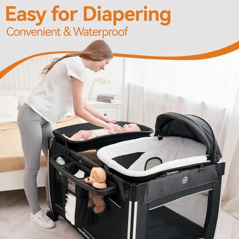 Furniture.4 in 1 Baby Playards with Bassinet & Changing Table, Portable Crib Breathable Mesh and Toy Mobile sofa