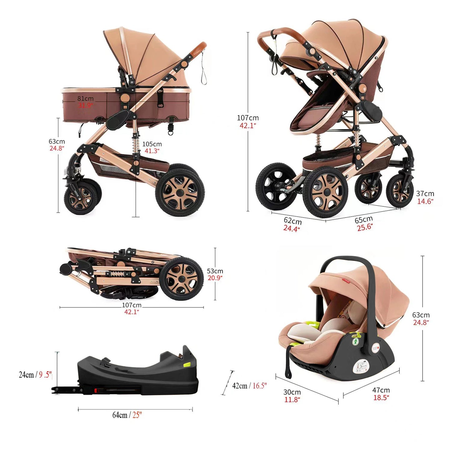 3 in 1 Baby Stroller Up to 55lbs,Baby Travel System Combo Car Seat,Baby Carriage 3in1 with Isofix Base,Foldable Newborn Pram,Reversible Standard Stroller