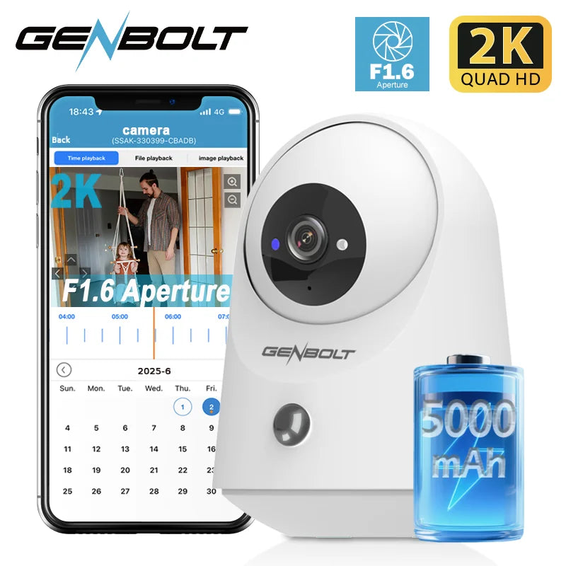 GENBOLT 5000mAh Battery 2K Security Camera, WiFi Indoor Pan Tilt PIR Motion Detection, for Home Baby Nanny Pet Monitoring