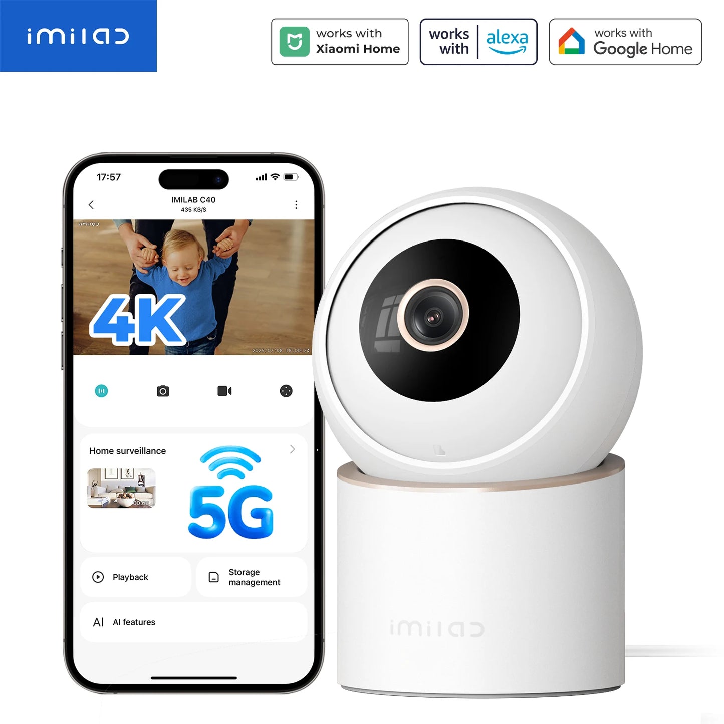 IMILAB C40 Home Security 5G WiFi Camera Indoor Cam 4K PTZ for Baby/Pet with Person Pet Track Powerful AI Detection Mihome