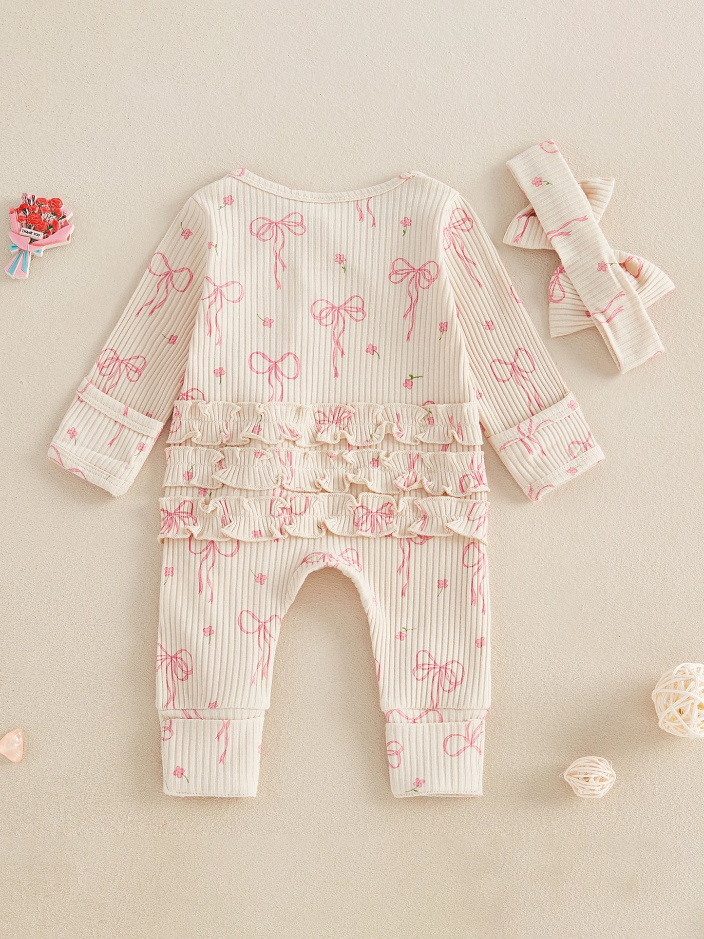 Adorable Baby Girls Floral Print Ruffle Sleeve Romper with Matching Bow Headband Set for Stylish Toddler Outfits and Photoshoots