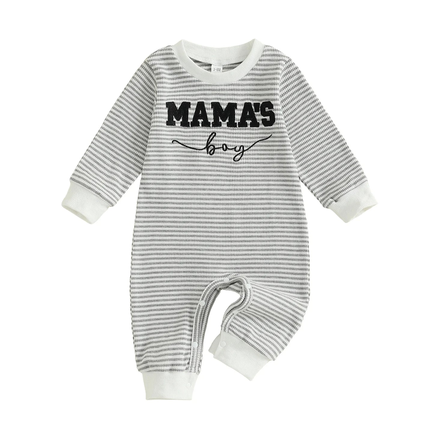 Lioraitiin Baby Boys Fall Romper Letter Embroidery Long Sleeve Round Neck Full Length Waffled Stripe Jumpsuit