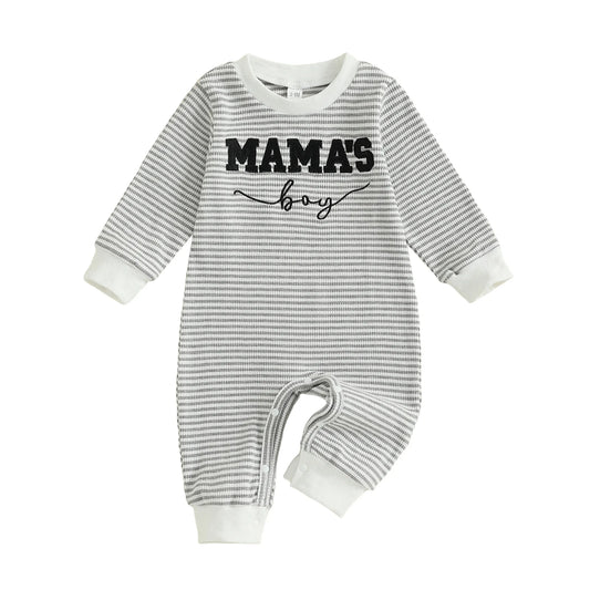 Lioraitiin Baby Boys Fall Romper Letter Embroidery Long Sleeve Round Neck Full Length Waffled Stripe Jumpsuit