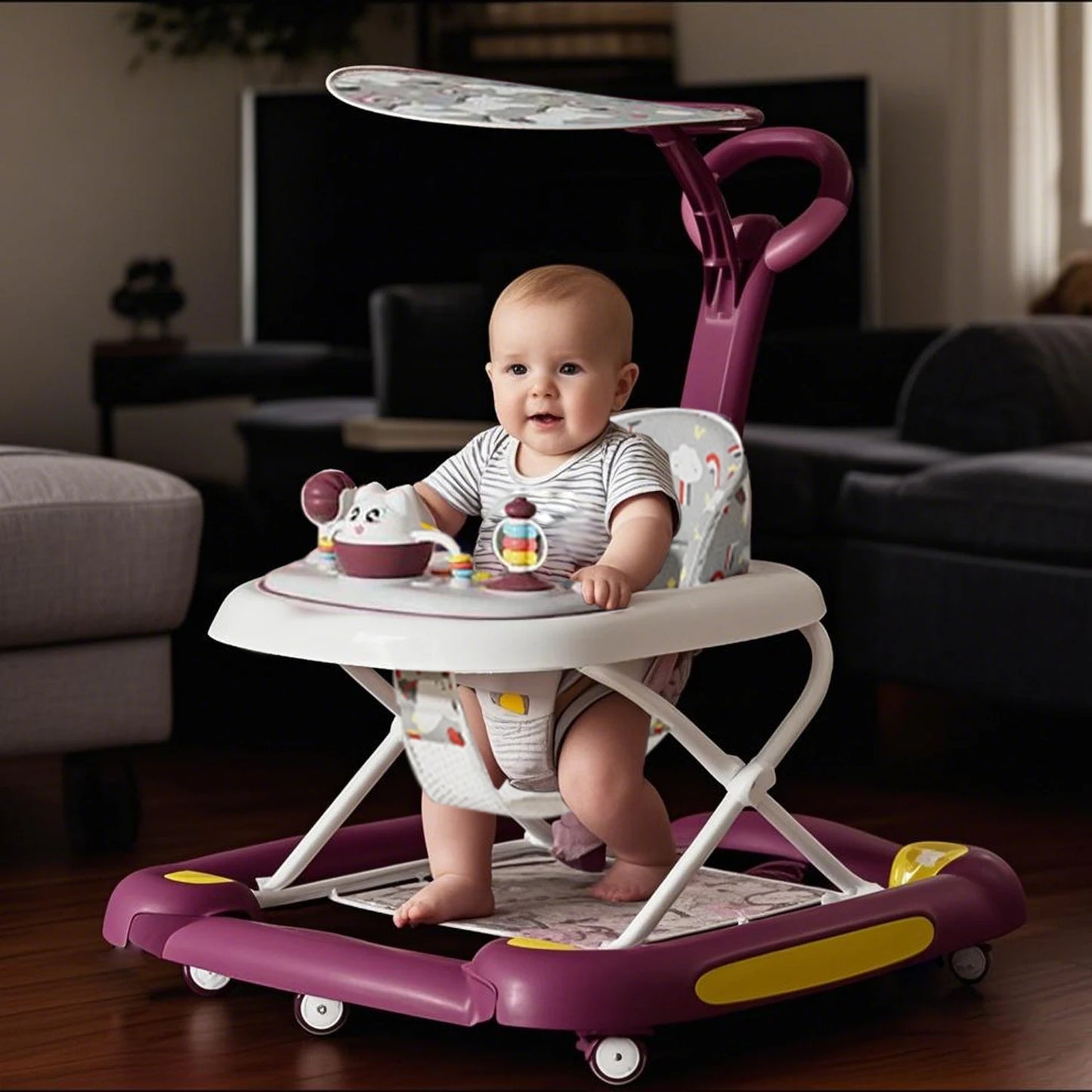 Multi-Functional Baby Walker with Awning Anti-Rollover Adjustable Sitting Shaking Design Comfort Toddler Walker for Boys Girls