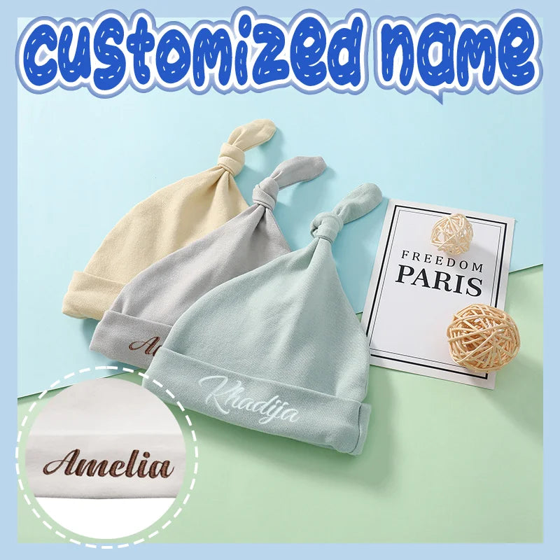 Personalized Knotted Beanie Baby Hat Organic Cotton Embroidered Name Infant Caps for Newborns 0-4 Months Perfect Baby Gift