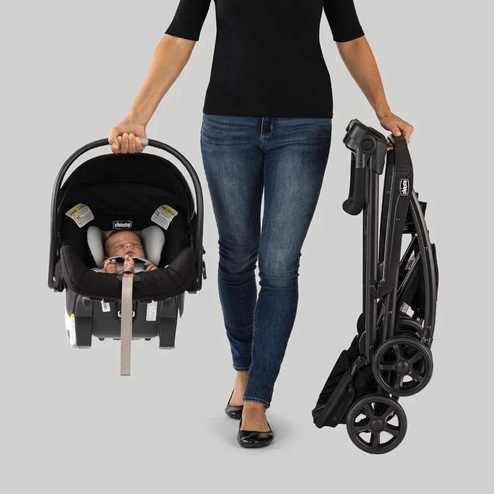 KeyFit Caddy Frame Stroller, Accepts All Chicco Infant Car Seats, Adjustable Handle, Parent Tray | Black/Black