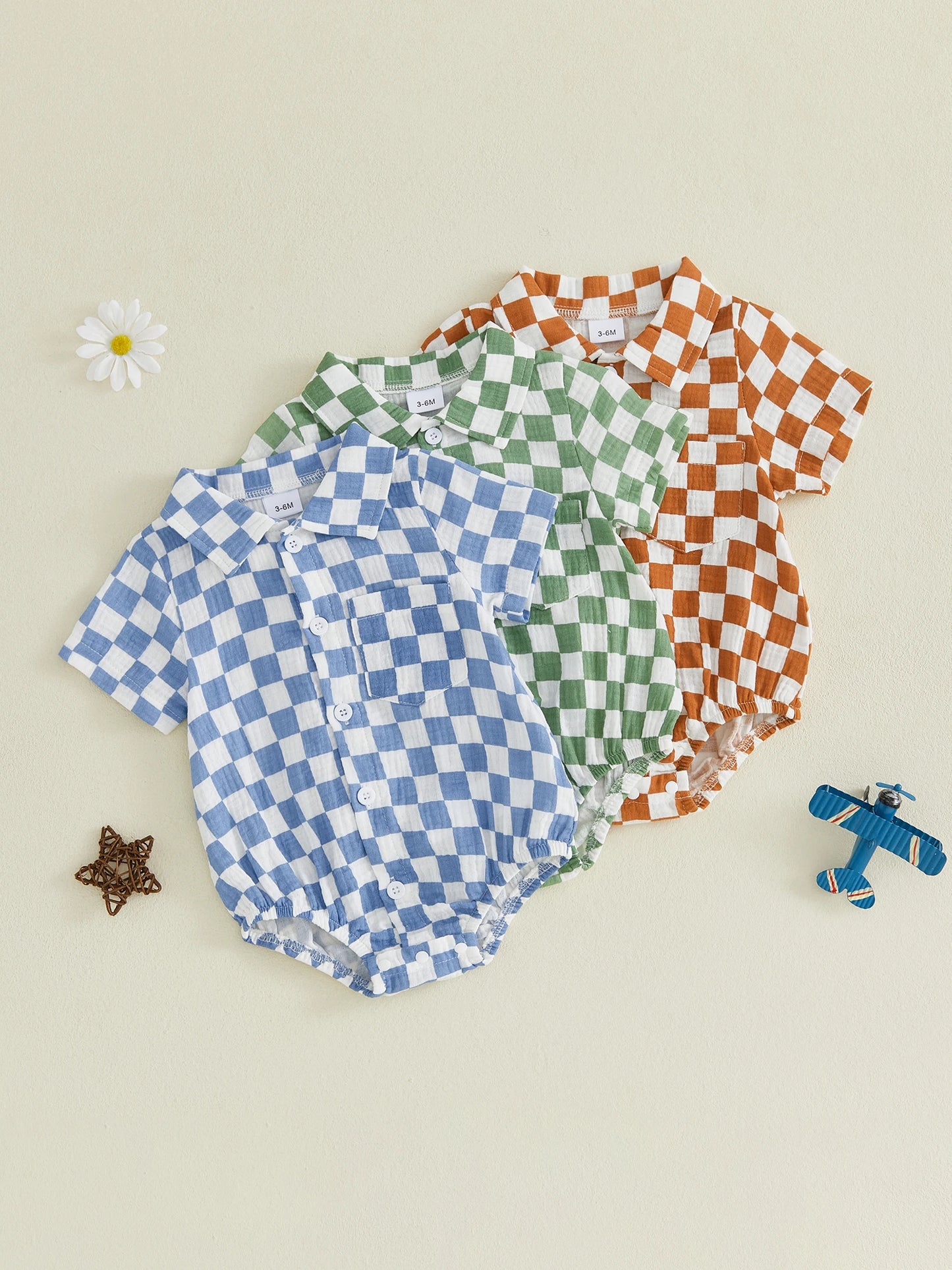 Adorable Infant Plaid Romper with Short Sleeves and Collar Button-up Bodysuit for Baby Boys and Girls Stylish Summer Outfit