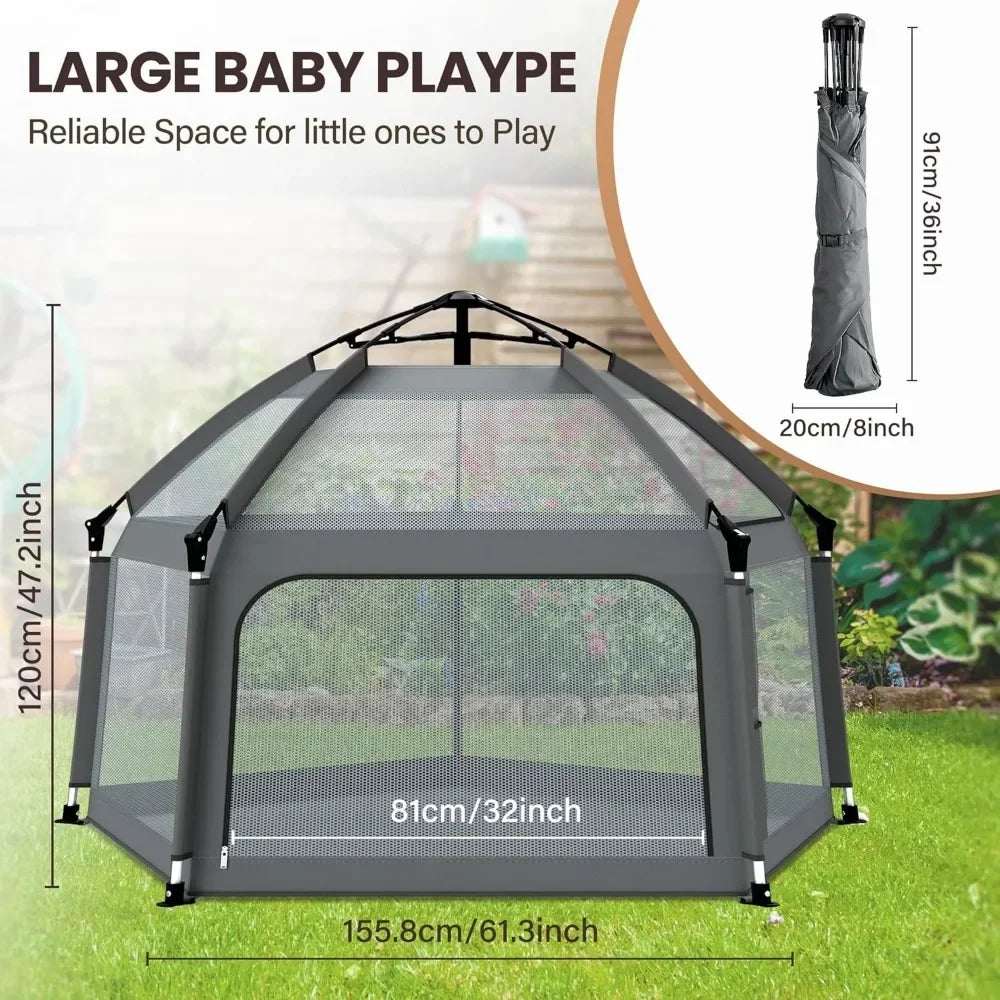 Baby Playpen with Self-Inflating Play Mat & Travel Bag, Portable Outdoor Playpen for Babies and Toddlers, Foldable Pop Up Play T