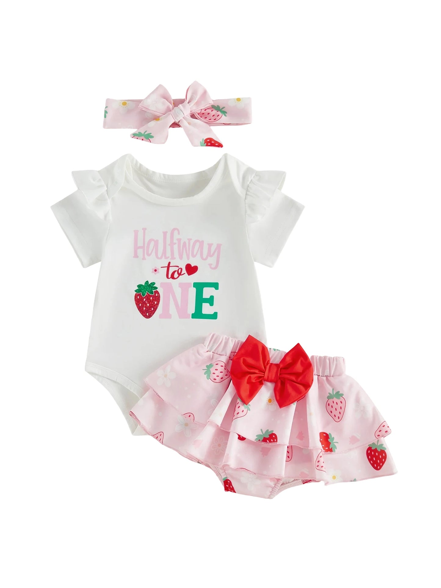Baby Girl 6 Month Birthday Set with Ruffle Romper Skorts and Headband - Cute Letters Print Outfit for Half Year