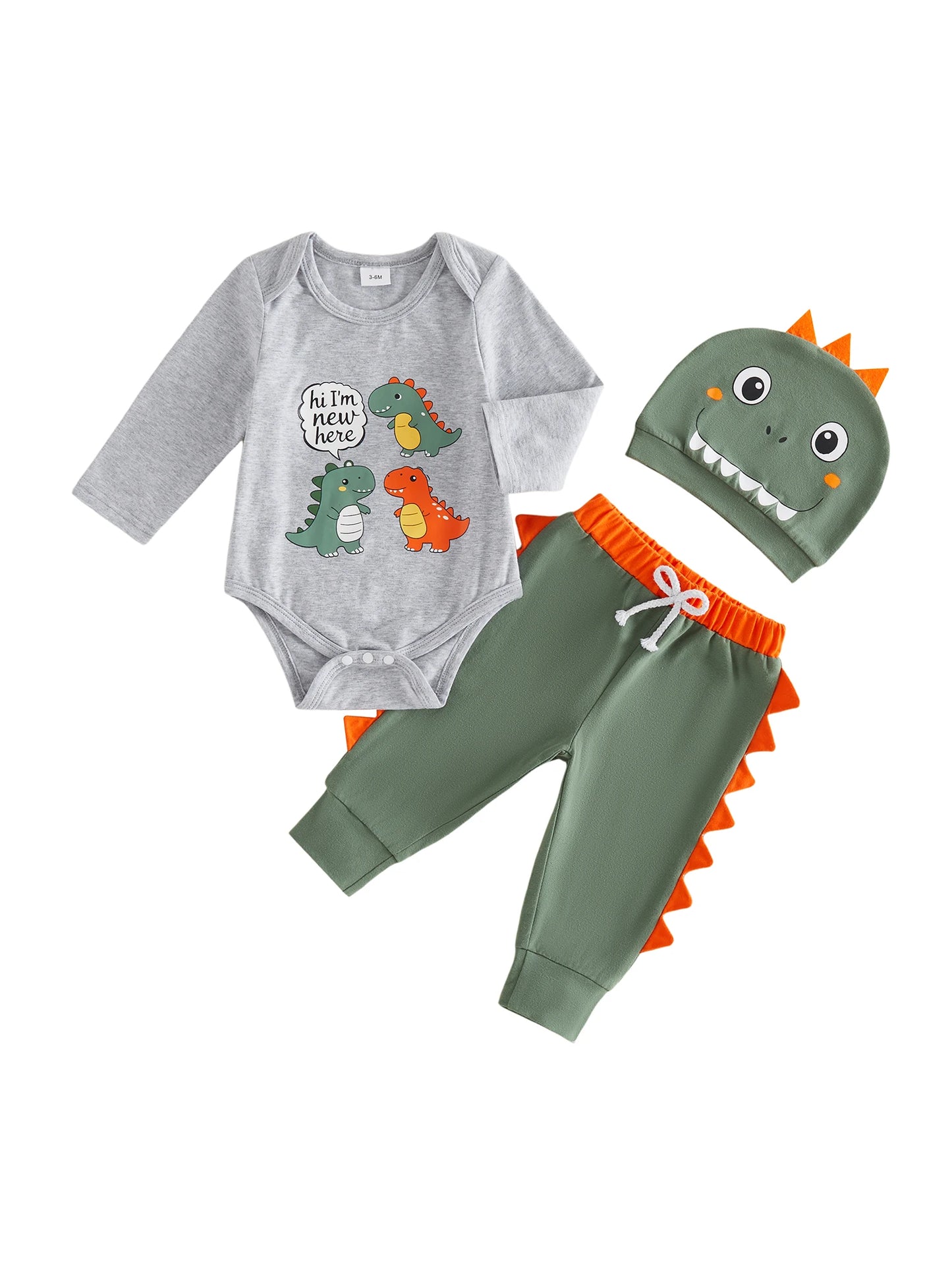 Adorable Baby Boy s Stylish 3-Piece Set with Long Sleeve Dinosaur Print Romper Pants and Hat for a Fashionable Look