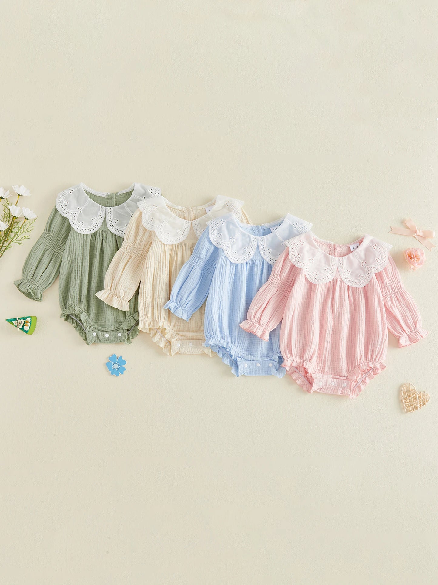 Infant Girl Autumn Jumpsuit with Ruffle Collar and Floral Embroidery Long Sleeve Bodysuit Toddler Outfit Set