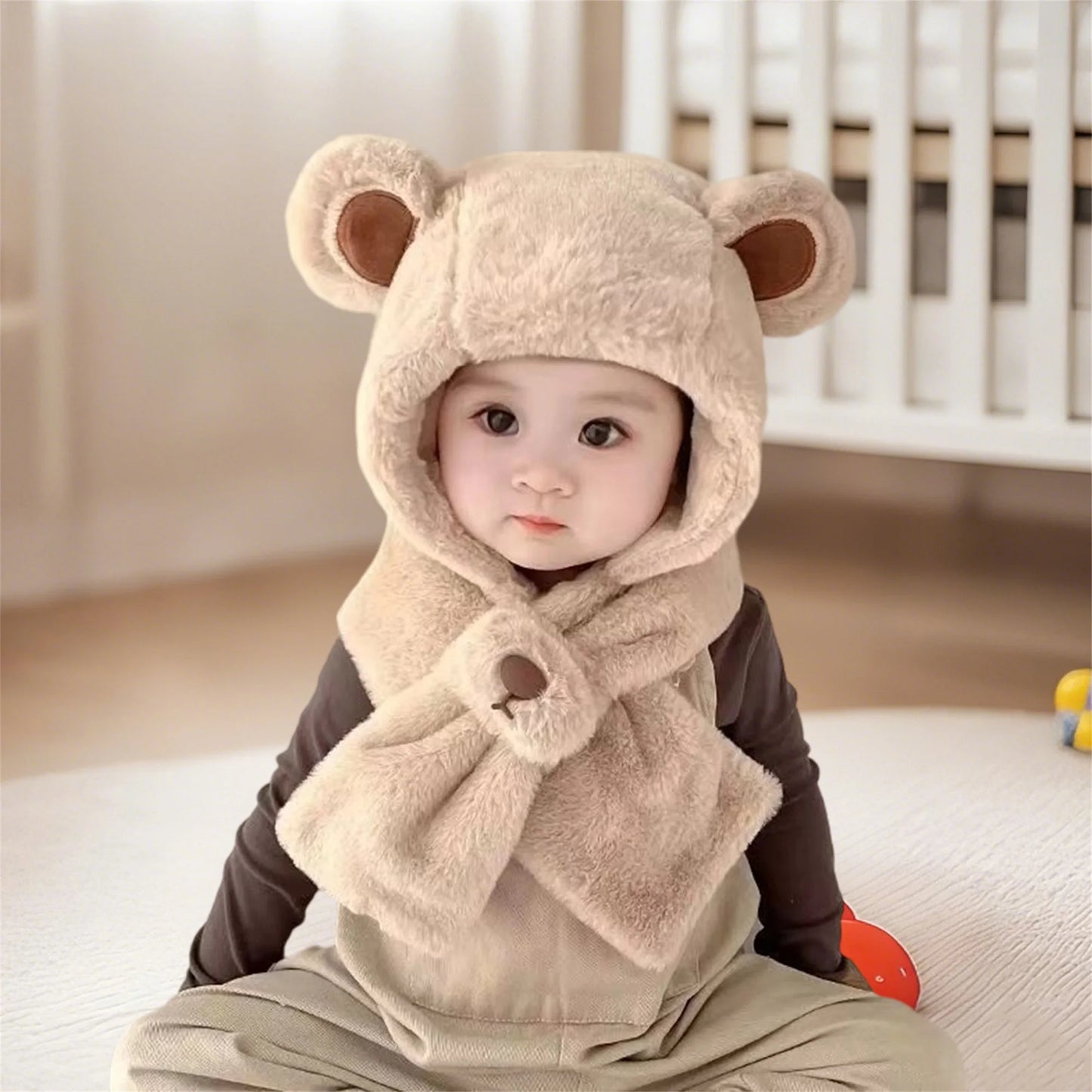 Kids Children Winter Warm Plush Animal Hooded Scarf Hat Gloves Set Cute Bear Earflap Beanie Mitten Present Gift