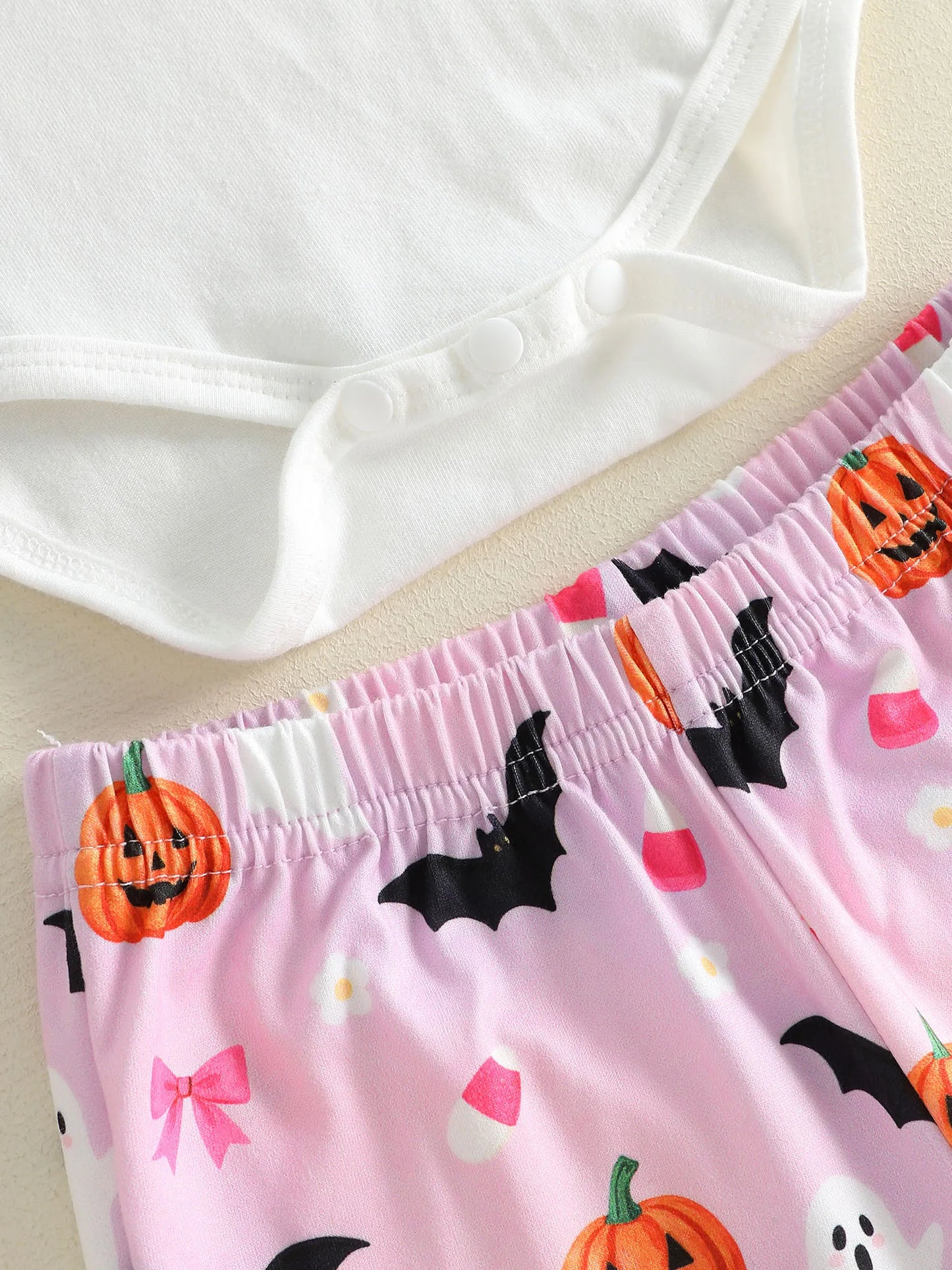 Toddler Girl Halloween Costume Letter Pumpkin Ghost Print Crew Neck Long Sleeve Rompers Bell-Bottoms Pants Headband 3Pcs Outfit