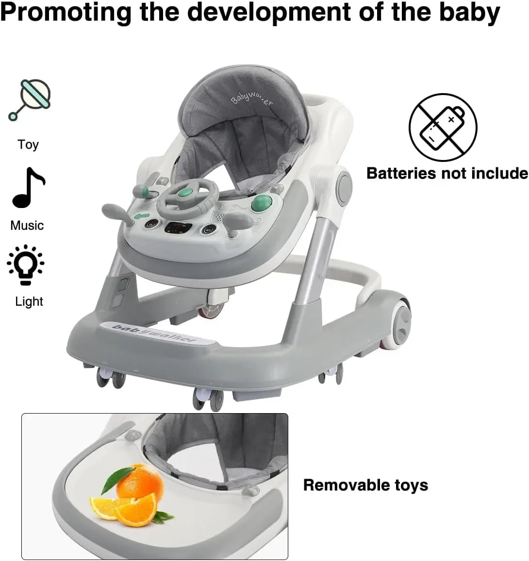 2 in 1 Baby Walker, Toddler Baby Push Walker with Removable Feeding Tray and Music Tray(Without Battery), Activity Walker