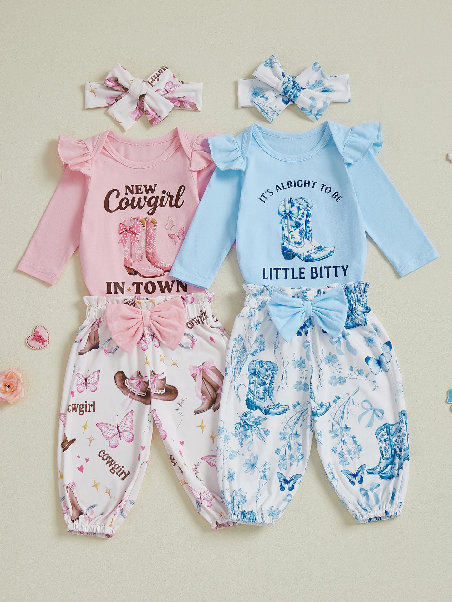Baby Girl Western Outfits Letter Long Sleeve Round Neck Romper Floral Pants Headband 3 Pcs Set
