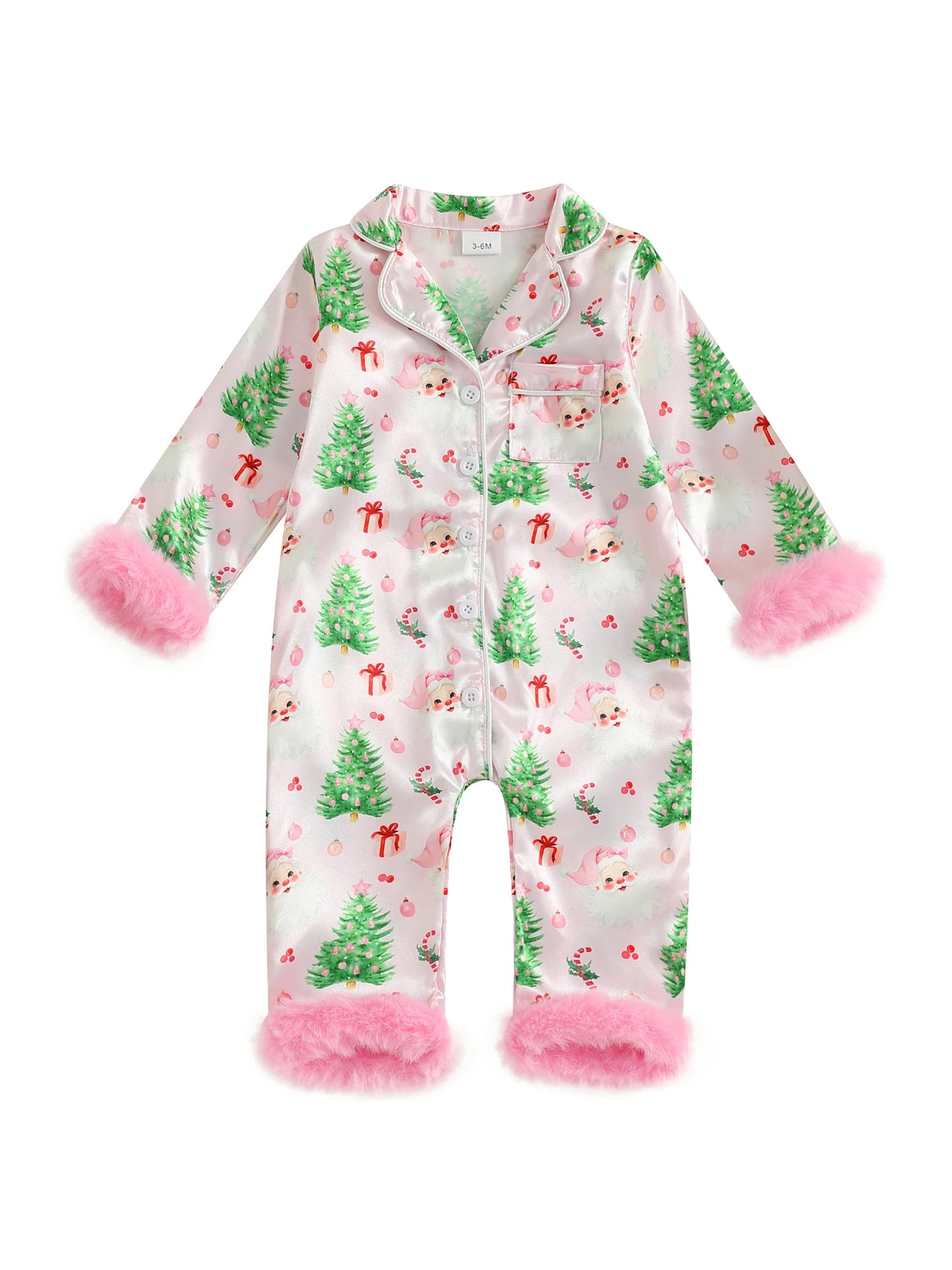 Toddler Christmas Satin Pajamas with Reindeer Print and Faux Fur Cuffs Snap Button Closure V Neck Long Sleeve Romper