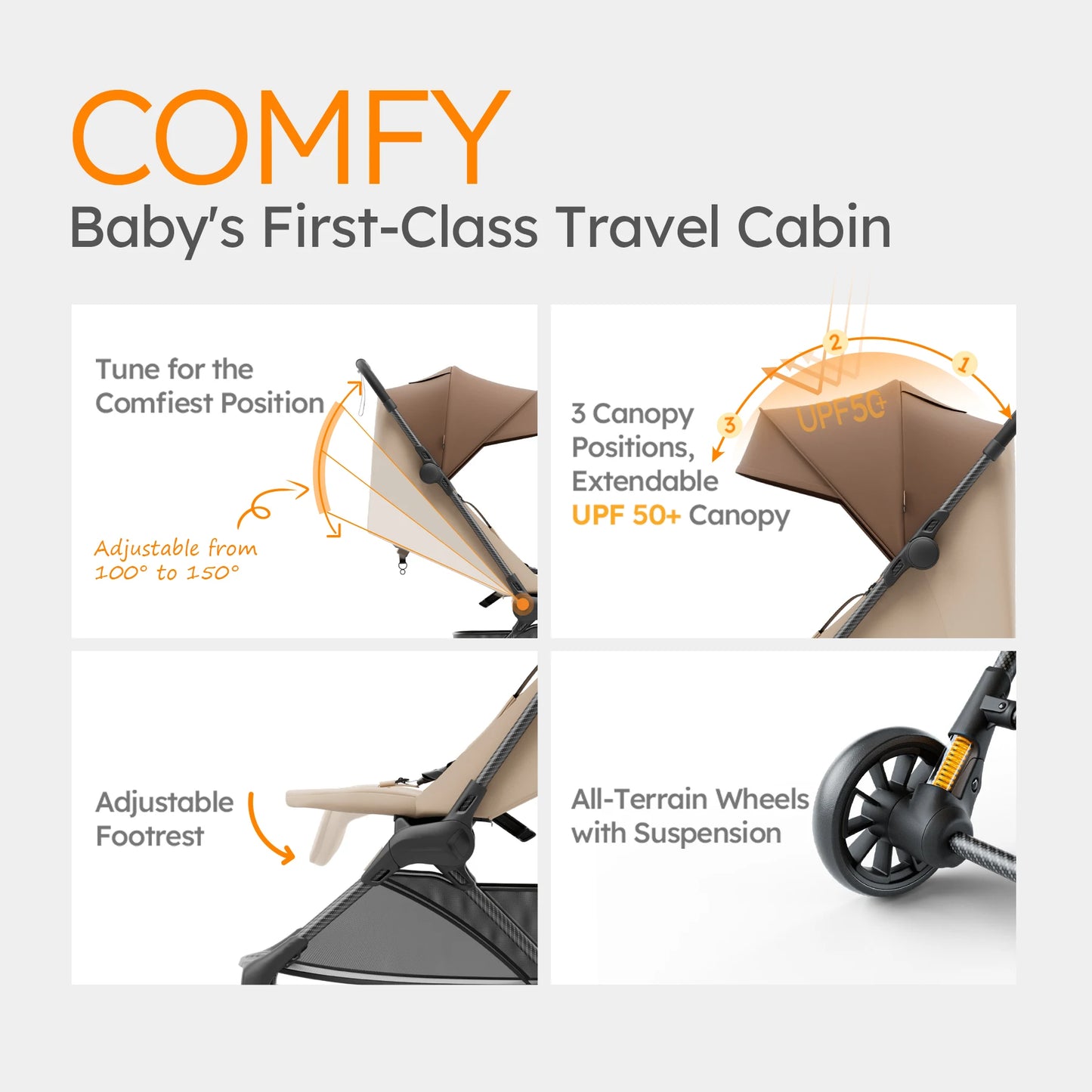 MAMAZING Ultra Air X Lightweight Travel Stroller 9.9lbs Carbon Fiber with UPF50+ Waterproof Fabric (BROWN)