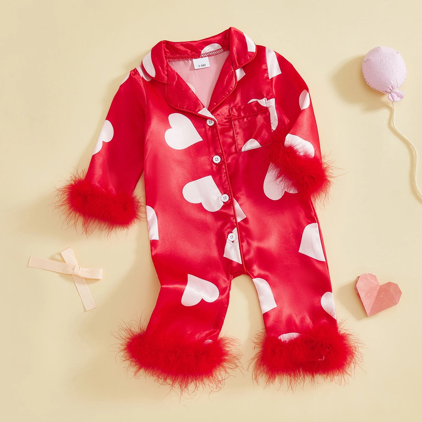 Valentine's Day Spring Newborn Baby Boys Casual Rompers Heart Print Feather Long Sleeve Button Satin Jumpsuits Playsuits