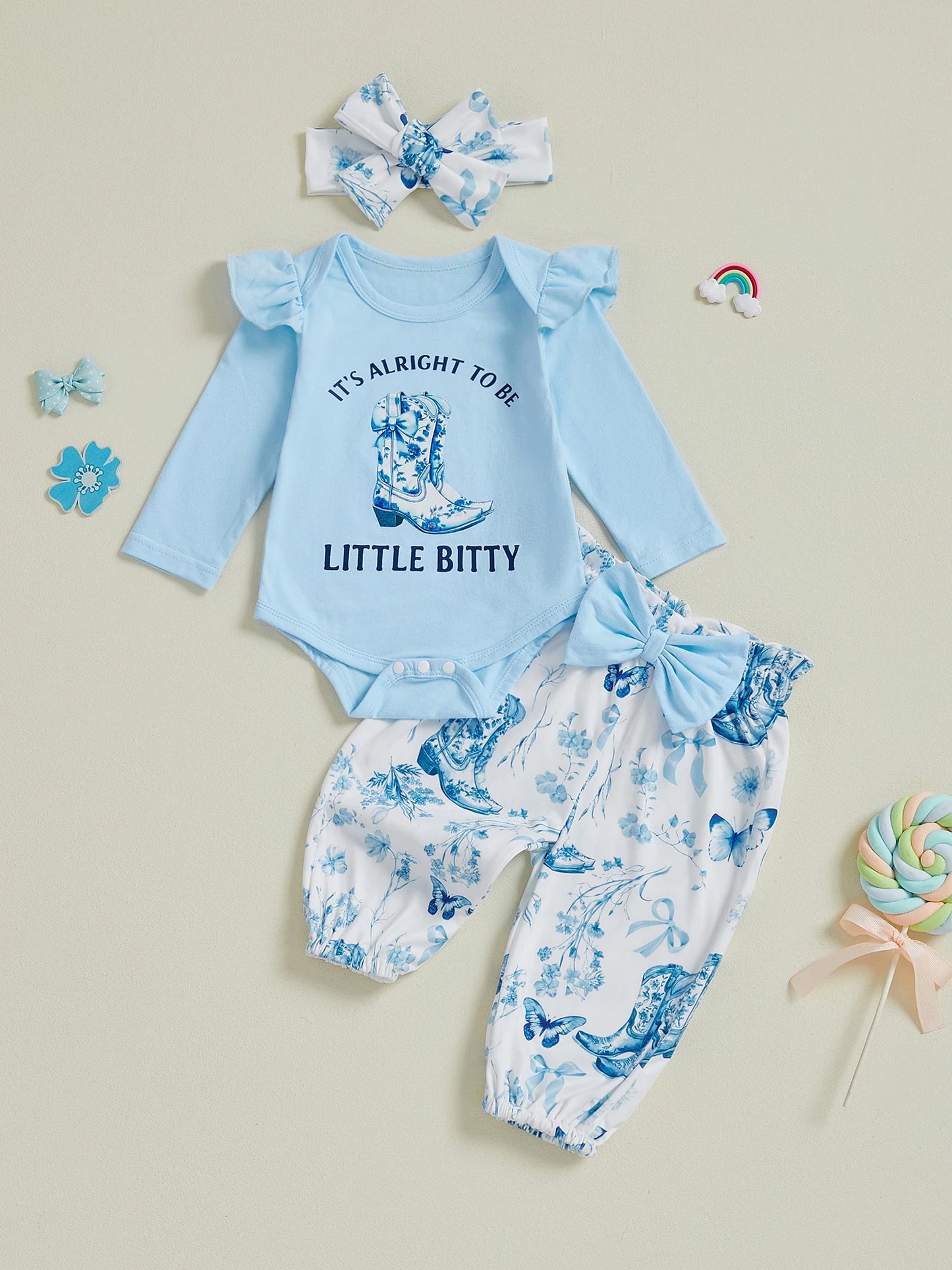 Baby Girl Western Outfits Letter Long Sleeve Round Neck Romper Floral Pants Headband 3 Pcs Set