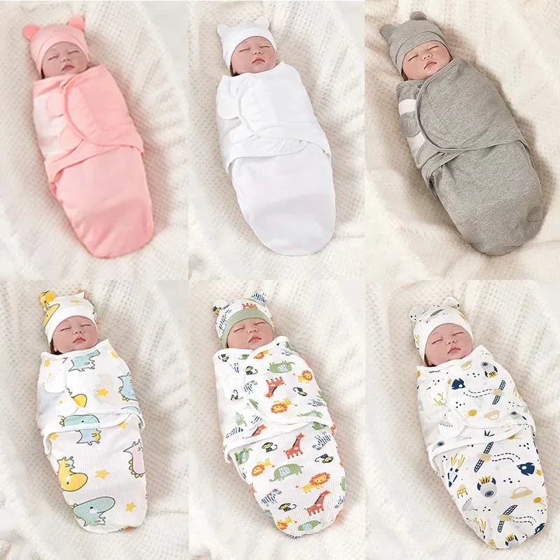 Newborn 0-6M Cartoon Printed Cotton Swaddle Set - Adjustable All-Season Baby Blanket & Hat