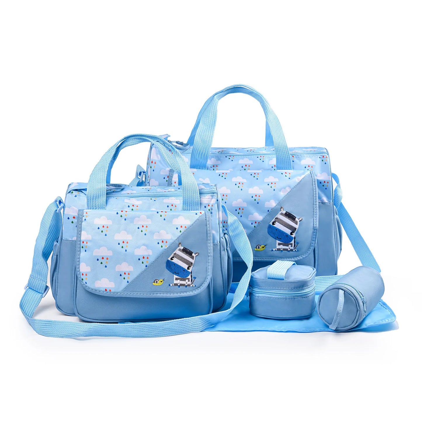 Fashionable Printed Cartoon Pattern Single-Shoulder Mommy Bag Five-Piece Set; Large-Capacity Cross-Body Mommy Bag; Multi-Functional Outing Tote Bag Diaper Bag Set