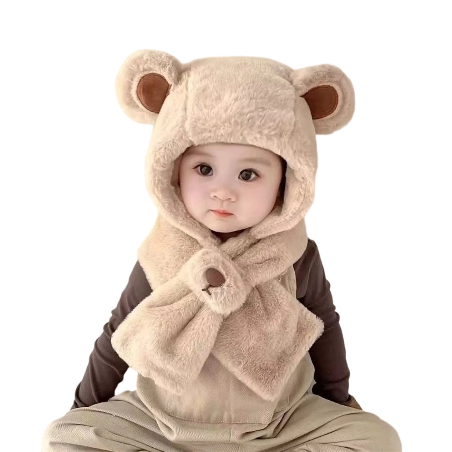 Kids Children Winter Warm Plush Animal Hooded Scarf Hat Gloves Set Cute Bear Earflap Beanie Mitten Present Gift