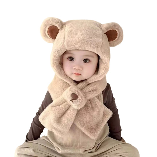 Kids Children Winter Warm Plush Animal Hooded Scarf Hat Gloves Set Cute Bear Earflap Beanie Mitten Present Gift