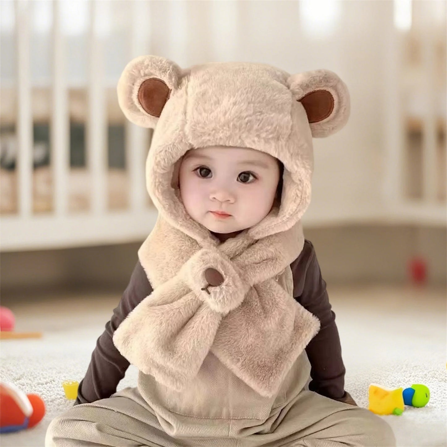 Kids Children Winter Warm Plush Animal Hooded Scarf Hat Gloves Set Cute Bear Earflap Beanie Mitten Present Gift