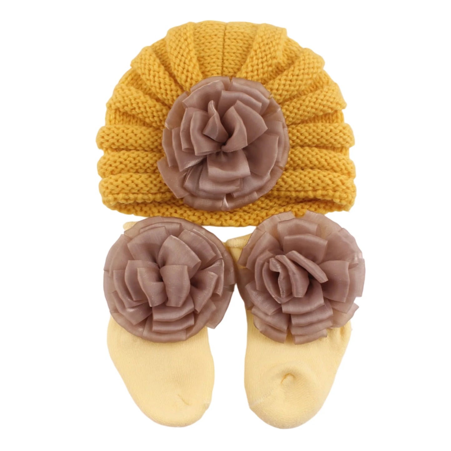 Adorable Baby Girl Knitted Hat and Socks Set with Delicate Floral Embroidery - Cozy Infant Winter Beanies and Booties