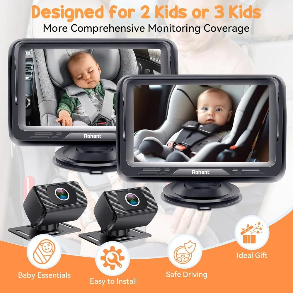2 Pack Baby Car Camera System - Dual 1080P Monitors with Night Vision, Wide Angle, Easy Install for Two Vehicles