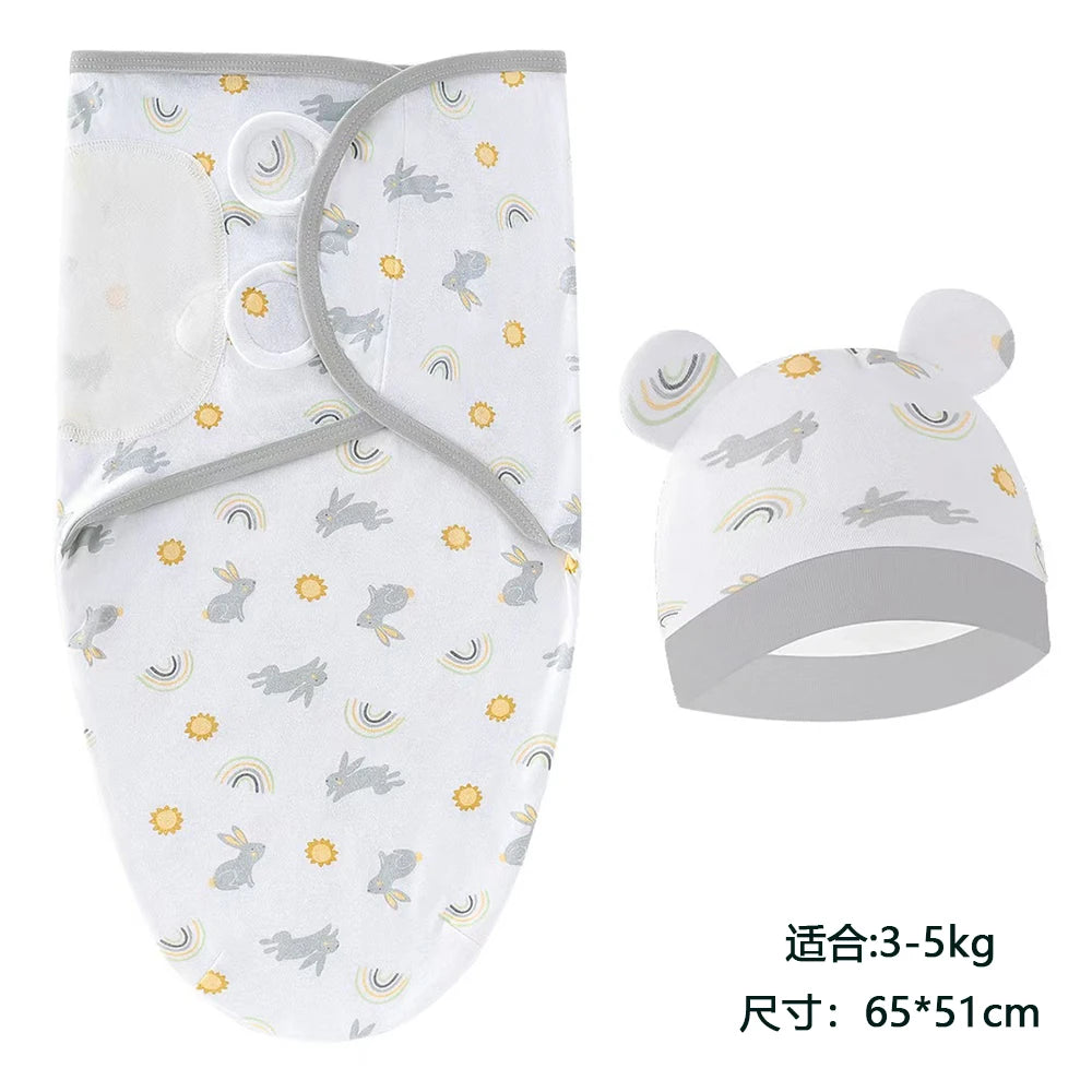 Newborn 0-6M Cartoon Printed Cotton Swaddle Set - Adjustable All-Season Baby Blanket & Hat